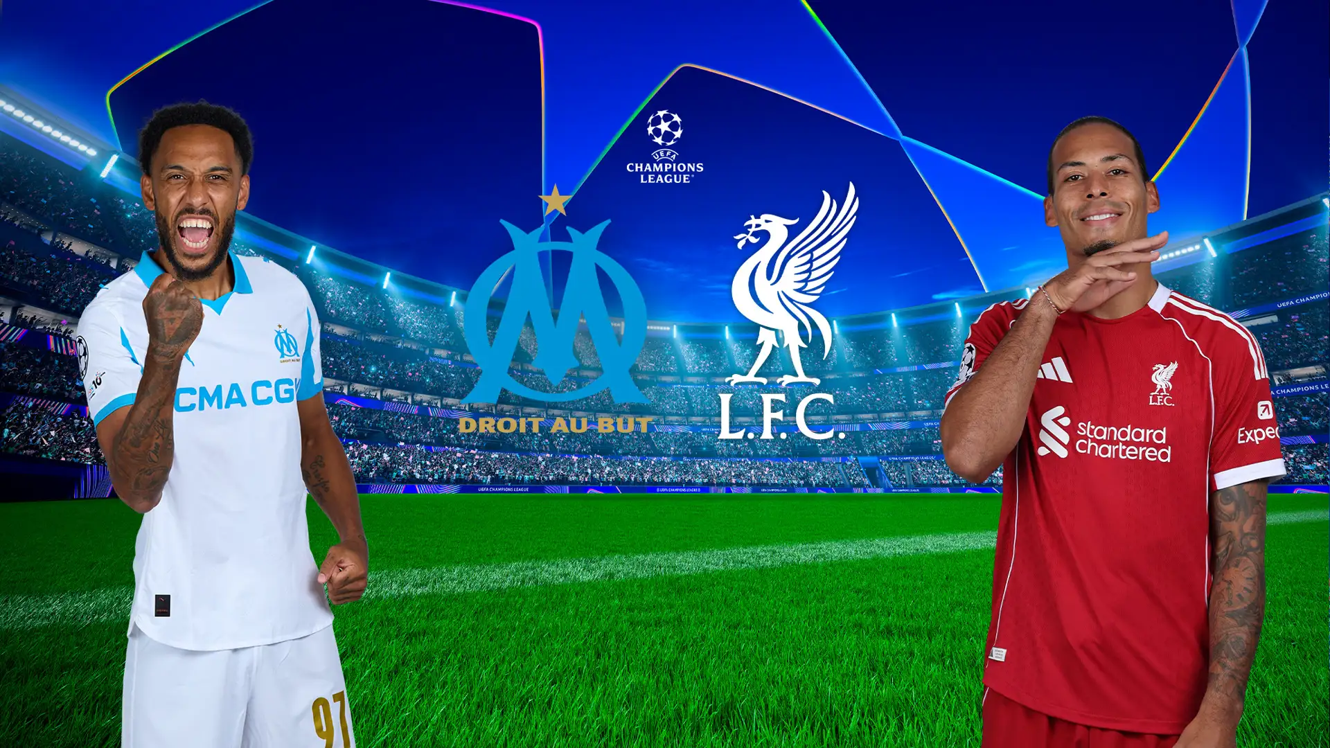 UEFA Champions League Matchbanner Marseille vs FC Liverpool mit UCL Logo.