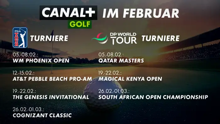 Tabelle aller Golfturniere im Februar auf CANAL+ mit PGA-Tour und DP World-Tour Logos.