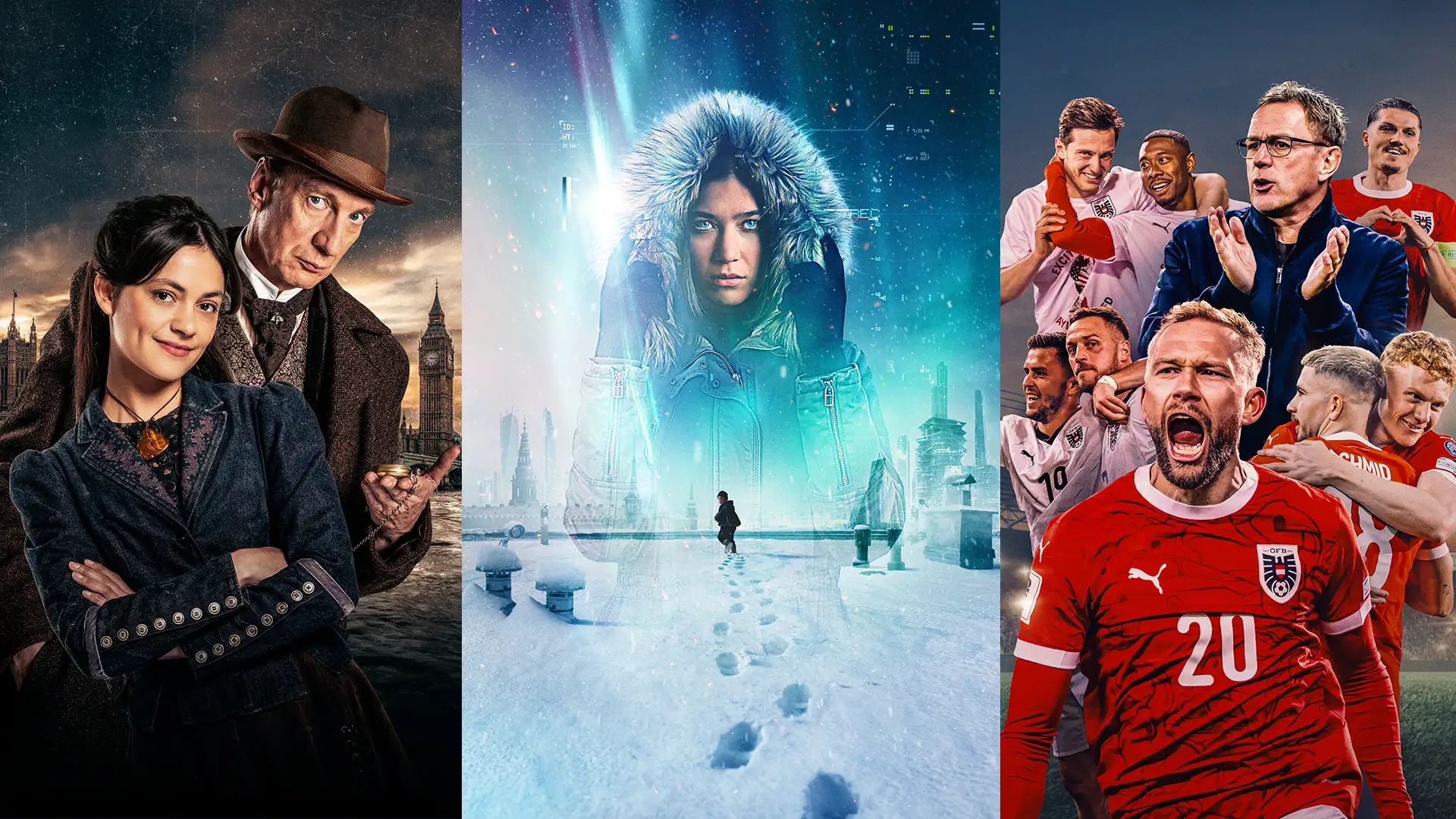 3 Bilder nebeneinander: Smillas Gespür für Schnee, Sherlock & Daughter und Teamgeist - Unser Weg.