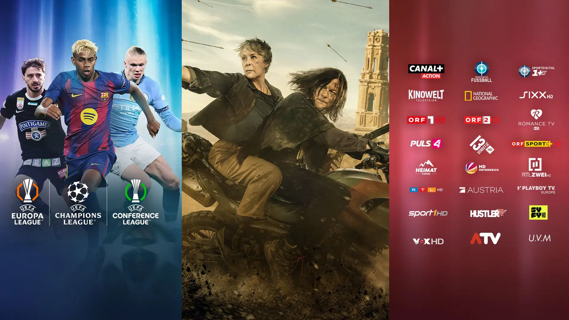 3 Bilder nebeneinander: UEFA Spieler mit den Logos der Champions League, Europa League und Conference League. Daneben Daryl Dixon Staffel 3, daneben die Logos mehrerer TV-Sender auf rotem Hintergrund.